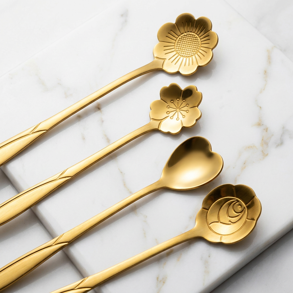 AI Design for Same golden floral spoon set, same dimensions and design, placed on white marble slab, camera close-up angle, spoons covering 90% frame, premium luxury aesthetic, clean background, elegant reflections, professional ecommerce photography, ultra detailed stainless steel texture, high CTR listing image, 4K HD.