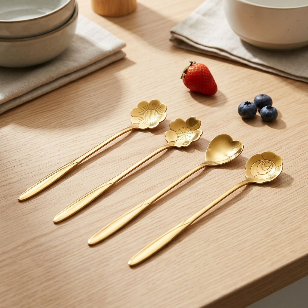 AI Design for Same gold floral spoon set, same size and shape, arranged neatly on premium light wooden tabletop, natural daylight coming from side window, elegant kitchen aesthetic, realistic shadows, product focus 90%, high quality ecommerce product photography, 4K HD.