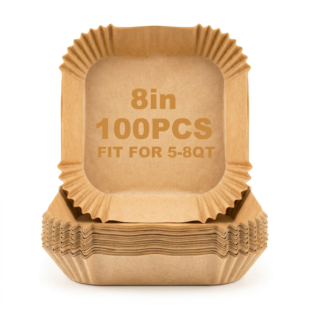 AI Design for Exact same square disposable air fryer paper liners, same dimensions and color. Large stack at bottom, one perfectly opened liner standing behind stack. Pure white studio background, minimal composition, luxury catalog photography, focus completely on product, realistic texture, high CTR Meesho listing style, 4K photorealistic.