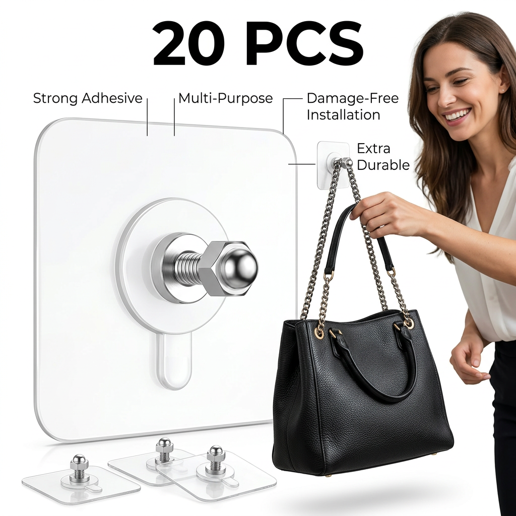 AI Design for Create a realistic product marketing image featuring the uploaded transparent adhesive screw wall mount. Keep the product identical to the reference image. Show a handbag hanging securely from the metal screw stud. Add a smiling customer reaching for the bag to demonstrate everyday use. White background, luxury product photography, realistic shadows, premium lighting. Large headline: "20 PCS". Additional text: "Strong Adhesive", "Multi-Purpose", "Damage-Free Installation", "Extra Durable". Amazon bestseller style, photorealistic, ultra-detailed, 4K.
