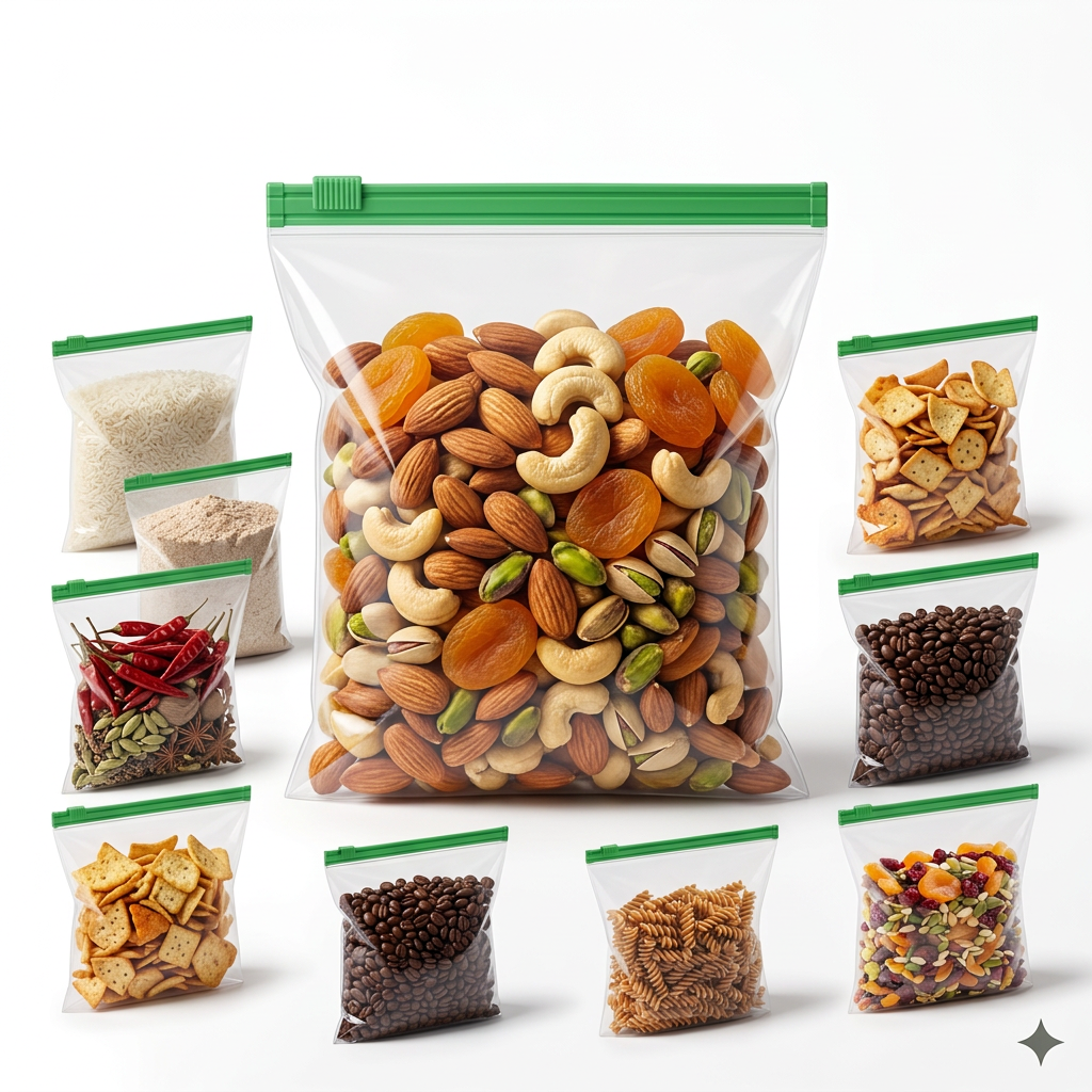 AI Design for Create an ultra-realistic Meesho bestseller image where one transparent green zipper bag is shown enlarged in the center filled with premium almonds and dry fruits. Around it, smaller bags contain rice, flour, spices, snacks, coffee, pasta, and cereals. Same bag size and green zipper color as reference. Pure white premium background, realistic shadows, luxury product photography, clean composition, high customer trust, maximum click-through-rate, professional e-commerce catalog image.