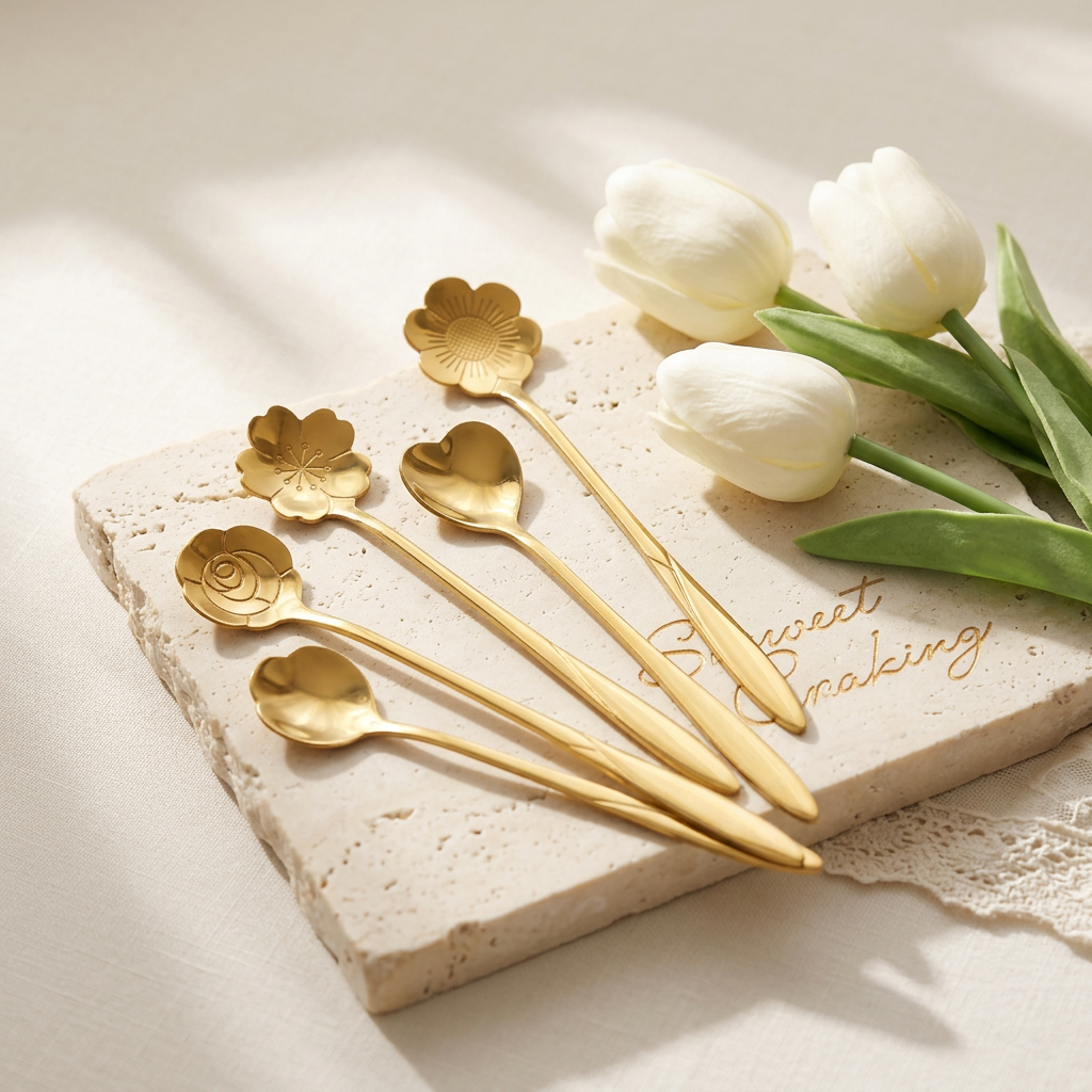 AI Design for "Maintain exact uploaded spoon design and dimensions. Display on soft ivory background with white tulips, cream stone tray and subtle sunlight. Clean Korean aesthetic, minimal luxury styling, elegant shadows, premium home decor vibe, realistic metallic shine, sophisticated composition, luxury ecommerce hero image, ultra realistic photography, 8K."
