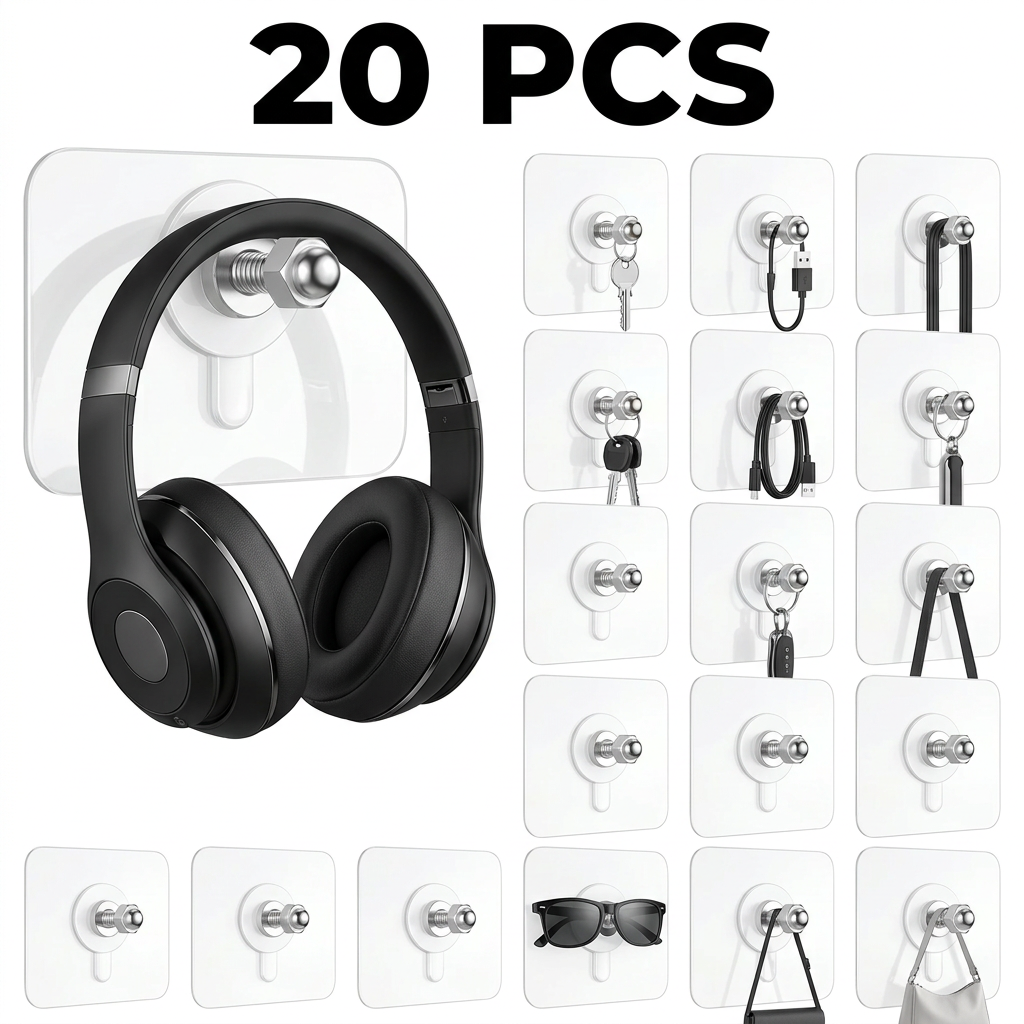 AI Design for Use the exact same transparent adhesive screw hook. Show wireless headphones hanging securely from the metal screw stud. White background, studio lighting, realistic reflections. Add large bold "20 PCS" text. Professional e-commerce banner, high-conversion design.