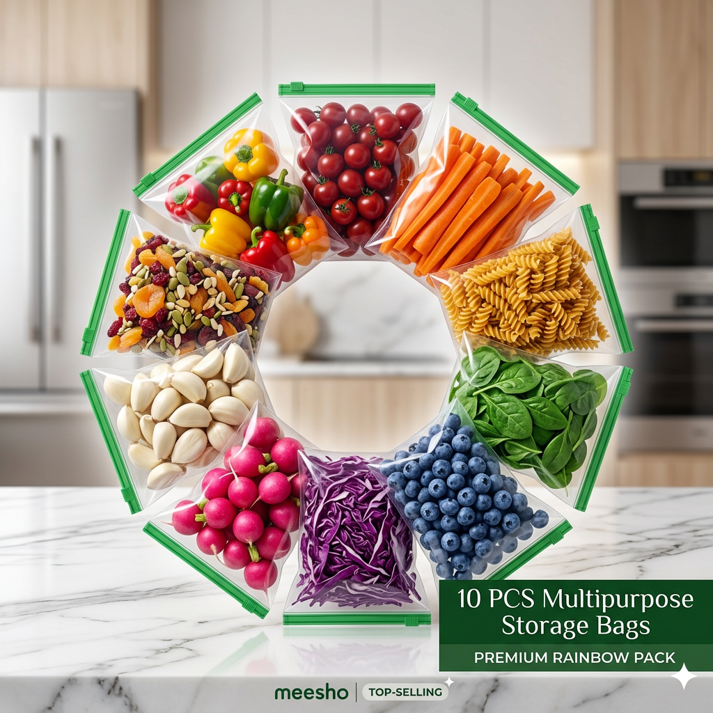 AI Design for Create a hero-shot Meesho main image showing 10 transparent green zipper storage bags arranged in a premium circular display. Same size and zipper color as reference. Bags filled with colorful food items creating an attractive rainbow effect. White marble table, luxury kitchen blur background, premium lighting, ultra-HD commercial photography, high trust, high value perception, mobile-first e-commerce design, top-selling product appearance.