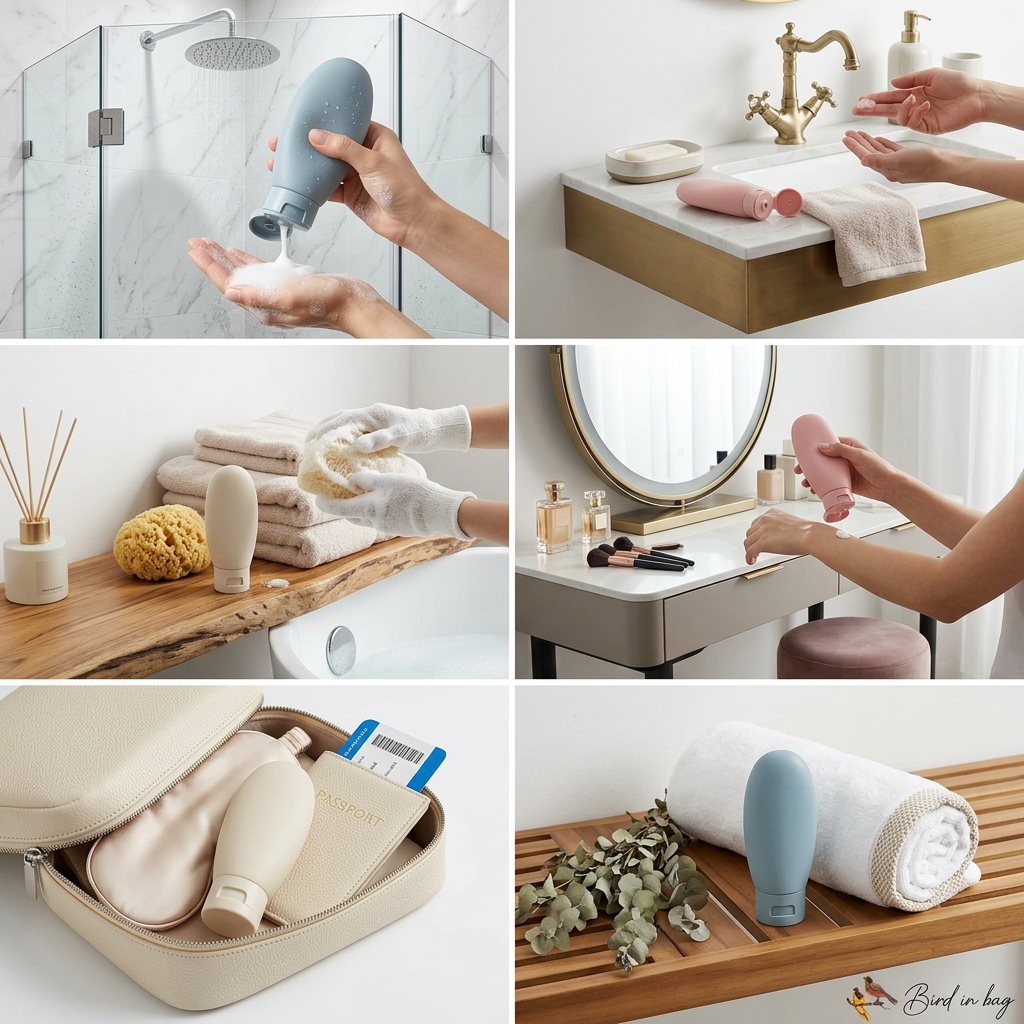 AI Design for Create one realistic bathroom and travel collage image. Show the same pastel pink, beige, and blue silicone bottles being used for:

Shampoo in shower
Face wash near sink
Body wash in bathroom
Lotion on dressing table
Sunscreen in travel bag
Conditioner beside towel

Luxury lifestyle photography, clean white background, realistic product usage, premium travel accessory advertisement, Meesho bestseller style, ultra realistic DSLR quality, 4K, highly attractive and trustworthy.