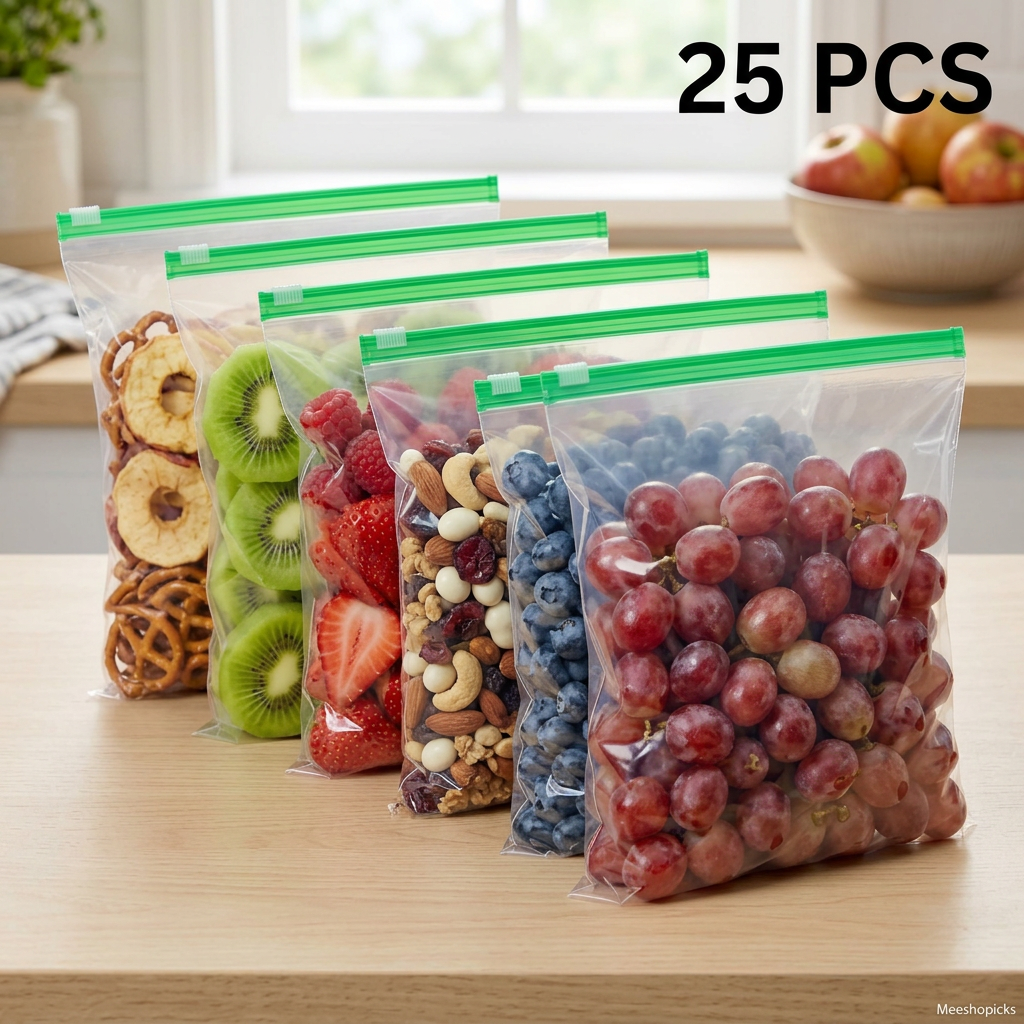 AI Design for 6 transparent food storage bags, same green zipper and dimensions as reference image, diagonal arrangement from front right to back left, filled with colorful fruits and healthy snacks, wooden countertop, bright kitchen environment, shallow depth of field, professional product photography, clean background, realistic packaging folds, large 25 PCS text, Meesho best-selling main image style, ultra HD 4K. POSE CHNAGE