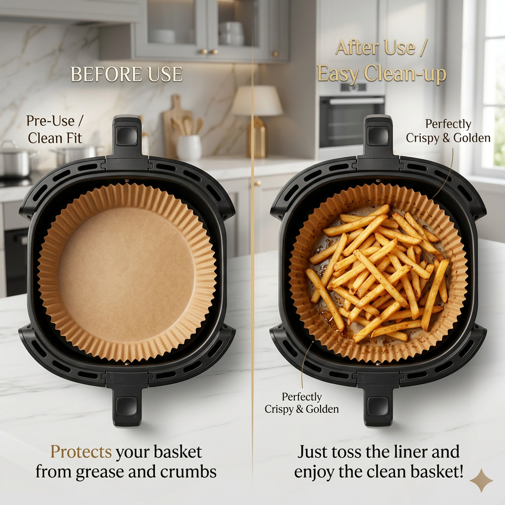 AI Design for Same round air fryer liners, identical size and texture. Split composition showing clean air fryer basket with liner before cooking and crispy fries inside liner after cooking. Bright modern kitchen background, focus on liner benefits, realistic food styling, premium Meesho listing image, ultra detailed, high conversion design.