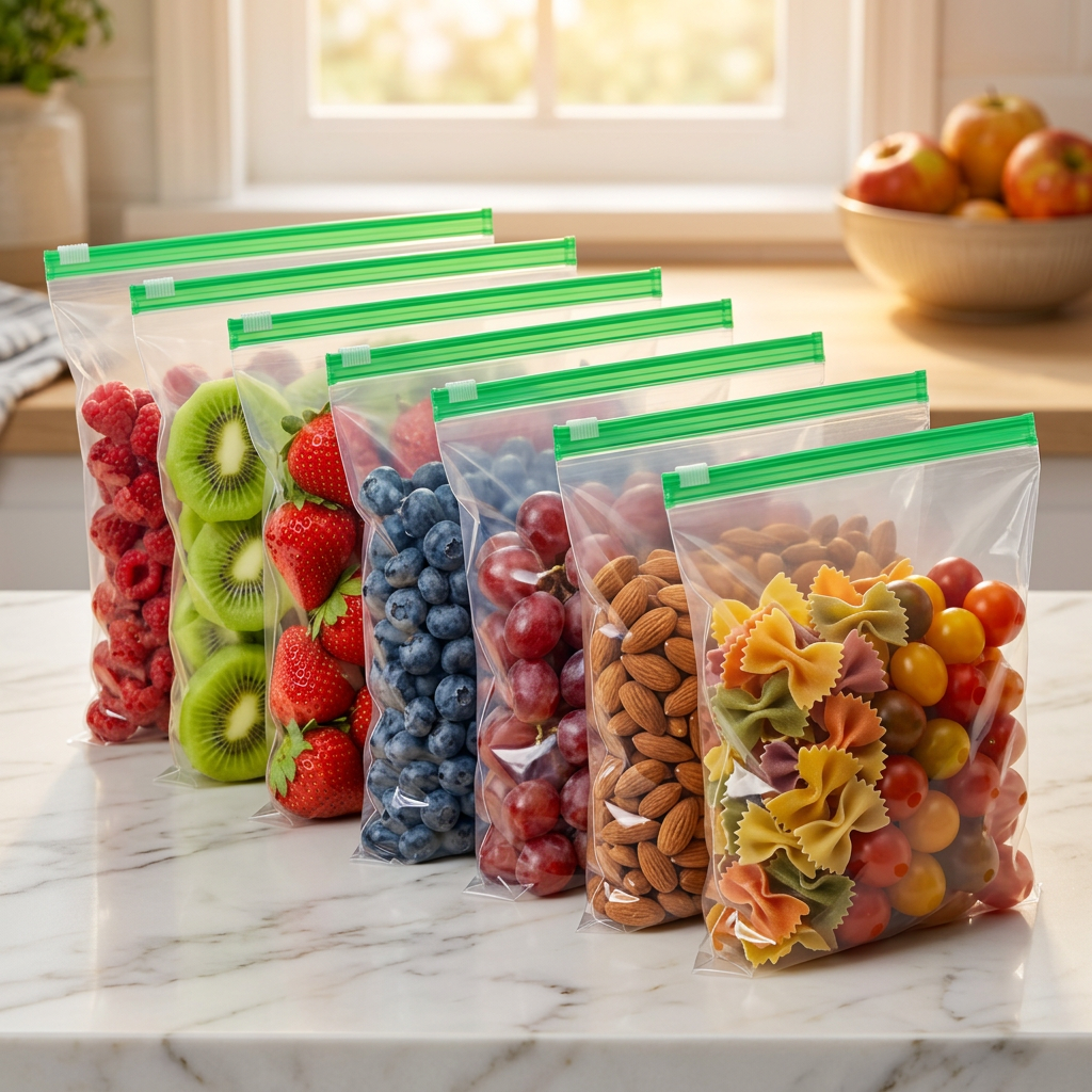 AI Design for Ultra realistic premium product photography, 8 identical transparent reusable storage bags, same size, same green zipper color as reference, arranged in a stylish cascading arc formation. Different colorful foods inside: strawberries, blueberries, grapes, kiwi, almonds, pasta, cherry tomatoes, orange slices. Luxury white marble countertop, golden morning sunlight, soft bokeh kitchen background, premium lifestyle aesthetic, crystal clear plastic texture, high-end commercial photography, 4K, ultra sharp focus, high CTR Meesho main image.