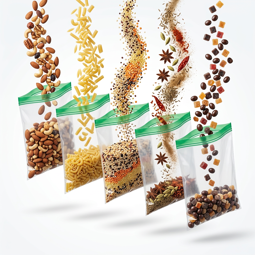 AI Design for Create a premium floating product composition. Transparent green zipper storage bags appear suspended in mid-air while almonds, pasta, grains, spices, and snacks flow into the bags. Same zipper lock color and same dimensions as the reference product. Pure white background, realistic shadows, luxury commercial photography, dynamic composition, modern e-commerce advertising style, ultra-HD, attention-grabbing and highly professional.