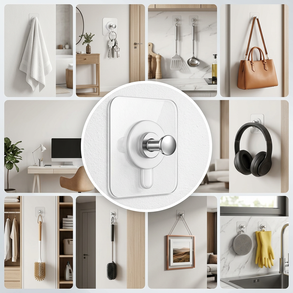 AI Design for Create a premium e-commerce infographic collage featuring the exact same transparent adhesive wall hooks shown in the reference image (square transparent base with chrome metal hook). Display 8 hooks installed on a clean modern white wall in different real-life uses. Each hook should hold a different item:
Soft bath towel
House keys with keychain
Kitchen spatula and ladle
Stylish women's handbag
Over-ear headphones
Cleaning brush
Decorative photo frame hanging securely
Kitchen scrubber/gloves
Layout as a professional collage with the largest center image showing the hook close-up and surrounding usage scenes. Ultra realistic, bright natural lighting, modern home interior, premium lifestyle photography, sharp focus, high detail, clean shadows, product clearly visible in every scene, trust-building visual, white and light gray background, Meesho best-selling style, Amazon A+ content quality, 4K UHD, commercial product photography, clutter-free composition, high CTR design, realistic weight support demonstration, elegant typography-free image.