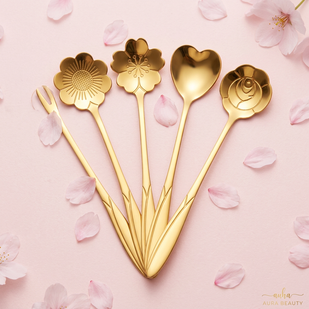 AI Design for Same gold floral spoon set, same dimensions and design, arranged in fan-shaped layout, soft blush pink background with scattered cherry blossom petals, premium beauty aesthetic style, sharp focus, realistic reflections, product filling 85-90% frame, ultra realistic ecommerce photography, 4K.