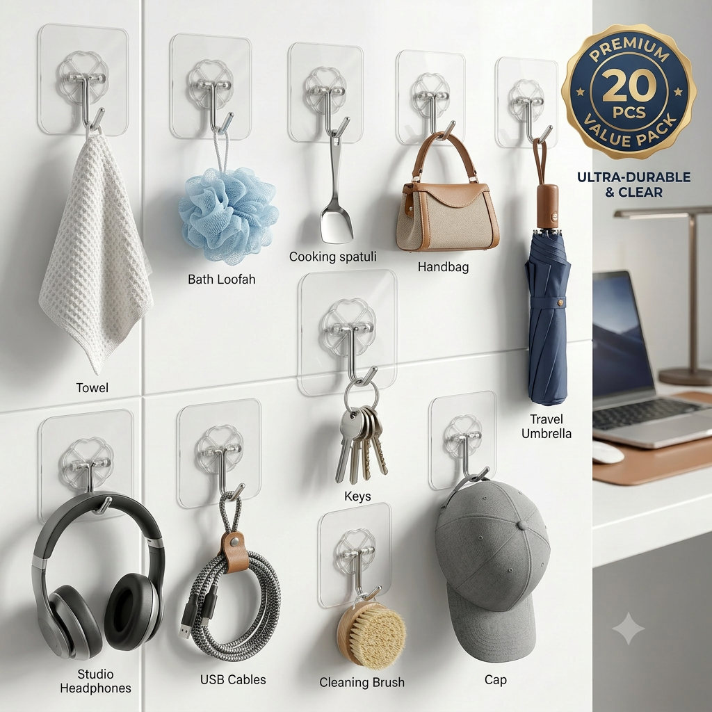 AI Design for Same transparent adhesive wall hook, exact product unchanged. One hero hook in center with 10 surrounding usage scenes showing keys, towel, loofah, kitchen utensil, handbag, umbrella, headphones, cable organizer, brush and cap. Premium 20 PCS VALUE PACK badge, modern white wall background, luxury home organization theme, realistic shadows, crystal-clear adhesive material, professional ecommerce infographic, ultra detailed 8K, Amazon and Meesho listing quality, clean premium composition, high conversion design, visually demonstrating multipurpose use in a single image..
