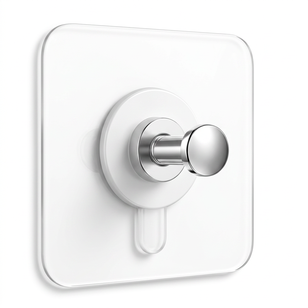AI Design for Ultra-realistic product photography of a transparent adhesive wall hook with a chrome metal knob, front-facing view, centered on a pure white background, studio lighting, soft shadows, high detail, commercial e-commerce product render, 8K quality.