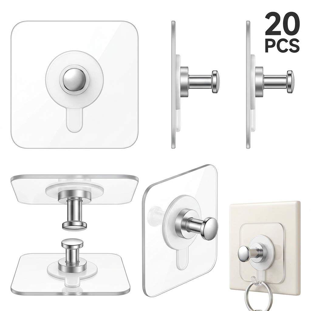 AI Design for Create a professional e-commerce product image using the attached reference hook. Show the exact same transparent adhesive wall hook design repeated in 6 different poses and viewing angles (front view, left side view, right side view, top view, 45° angle view, and installed view). Keep all hooks identical in shape, size, transparent adhesive pad, and chrome metal finish. Arrange them neatly in a catalog-style layout on a pure white background. Add bold product text: "20 PCS" in a clean modern font. Ultra-realistic product photography, studio lighting, soft shadows, high detail, premium Amazon listing style, 8K quality. Do not change the product design; only vary the pose and camera angle of each hook..