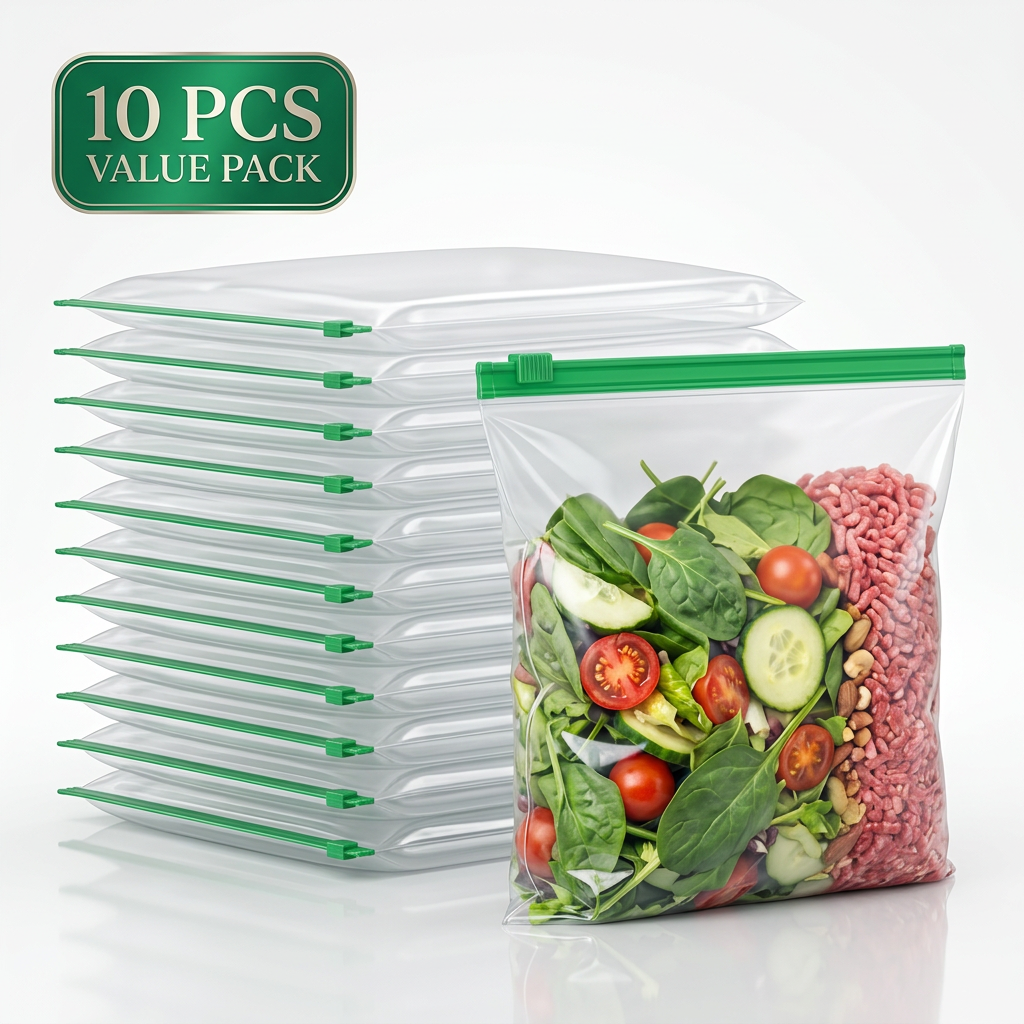 AI Design for Create an ultra-premium e-commerce hero image showing a large stack of identical empty reusable storage bags at the back and one large filled hero bag standing in front at a slight angle. Same transparent plastic and green zipper. Bright white background, realistic reflections, premium studio lighting, elegant green "10 PCS VALUE PACK" badge, luxury advertising photography, maximum customer trust.