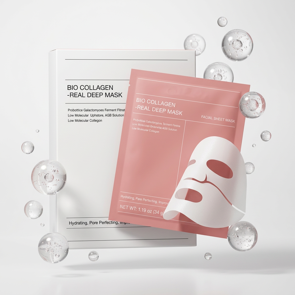 AI Design for Same original box and packet design, packet floating slightly in front of box with realistic shadow, premium white luxury background, collagen essence bubbles surrounding product, elegant studio lighting, high-end beauty advertisement style, ultra realistic cosmetic photography, Amazon bestseller main image, 4K.