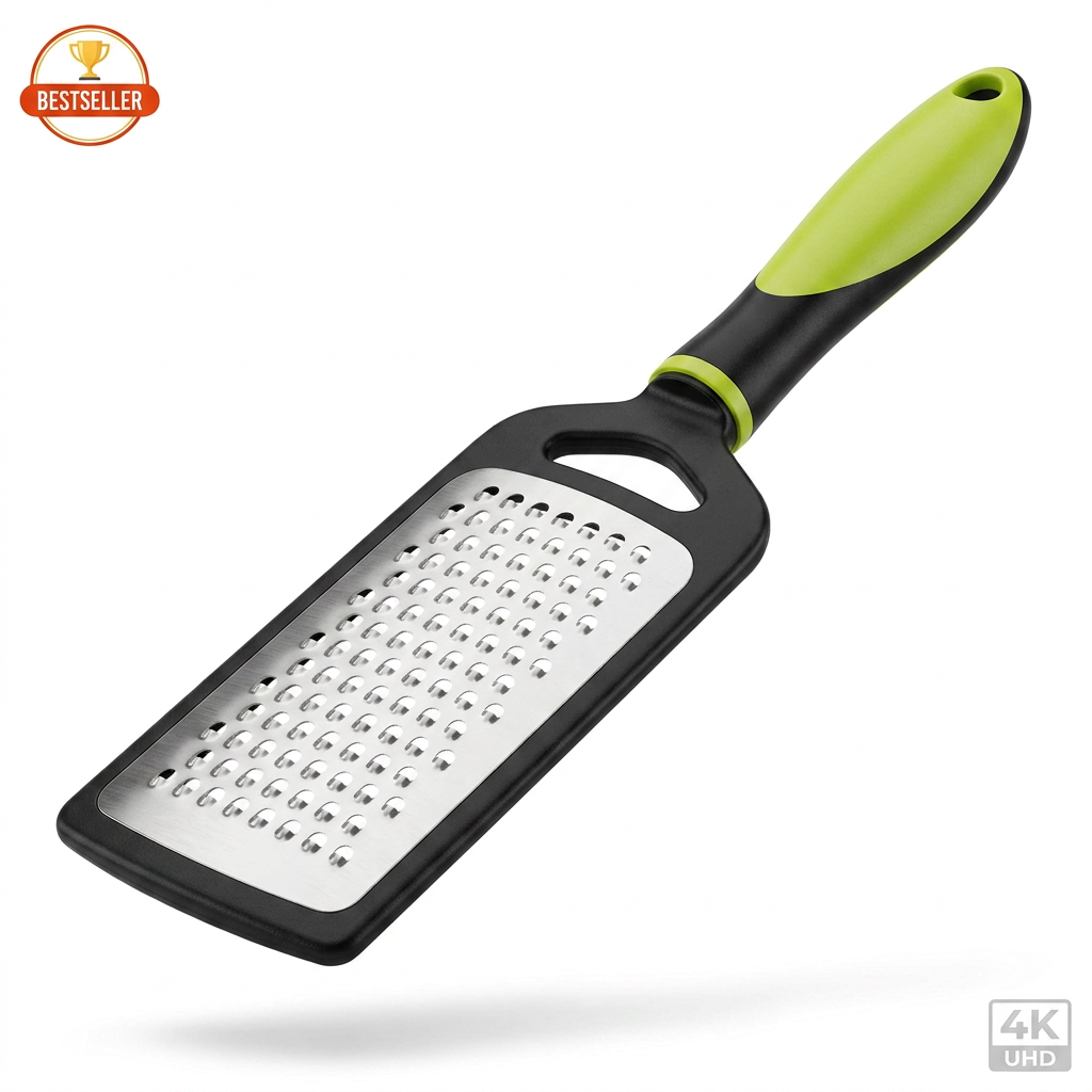 AI Design for Use the exact same grater from the reference image, same black and lime green handle, same stainless steel grating surface. Show the grater floating in mid-air at a premium 3D angle, large and dominant in frame, crisp studio lighting, clean pure white background, soft luxury shadow, ultra realistic product photography, high sharpness, premium kitchen tool aesthetic, Meesho bestseller main image style, 90% focus on product, 4K ultra HD, customer instantly notices and clicks. 🔥🏆