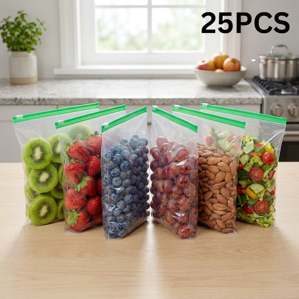 AI Design for 6 clear reusable food storage bags, same green zipper strip, same size, arranged in semi-circle pattern, filled with colorful foods: kiwi, strawberries, blueberries, grapes, almonds, vegetable salad, 45-degree camera angle, luxury kitchen environment, soft morning sunlight, premium product showcase, transparent bag details visible, ecommerce style, 25 PCS label in bold black, high conversion Meesho image, 4K.
