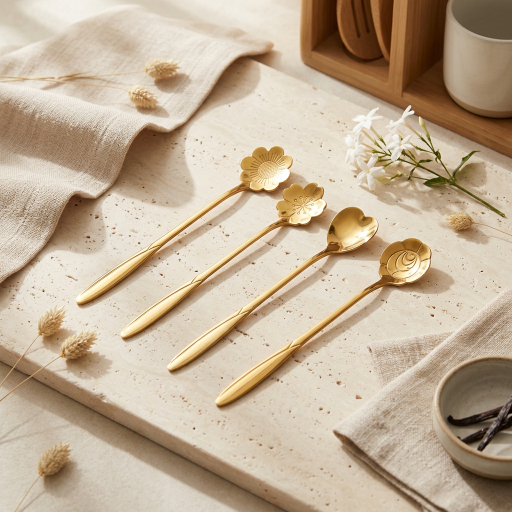 AI Design for "Use the uploaded reference image as the exact product reference. Keep the spoons 100% identical in design, size, shape, dimensions, flower patterns, handle length, thickness, quantity (exactly 4 spoons), and gold finish. Do not modify the product in any way. Create a premium luxury aesthetic flat lay scene with the spoons arranged elegantly on a soft cream travertine stone surface. Add subtle beige linen fabric, delicate white flowers, warm natural sunlight, soft shadows, luxury lifestyle styling, minimal Scandinavian decor, clean composition, premium home café aesthetic, realistic metallic reflections, ultra-realistic product photography, Pinterest-worthy luxury setup, center-focused hero image, commercial advertising quality, high CTR ecommerce main image, 8K ultra detailed."