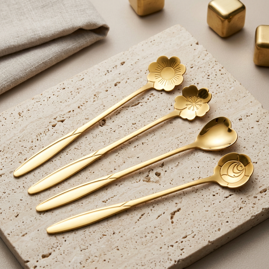 AI Design for Same gold spoon set exactly as reference, arranged in premium fan formation on beige travertine stone slab, luxury modern background, clean styling, realistic metal reflections, sharp focus, product fills 90% frame, Meesho bestseller image, 4K ultra HD.