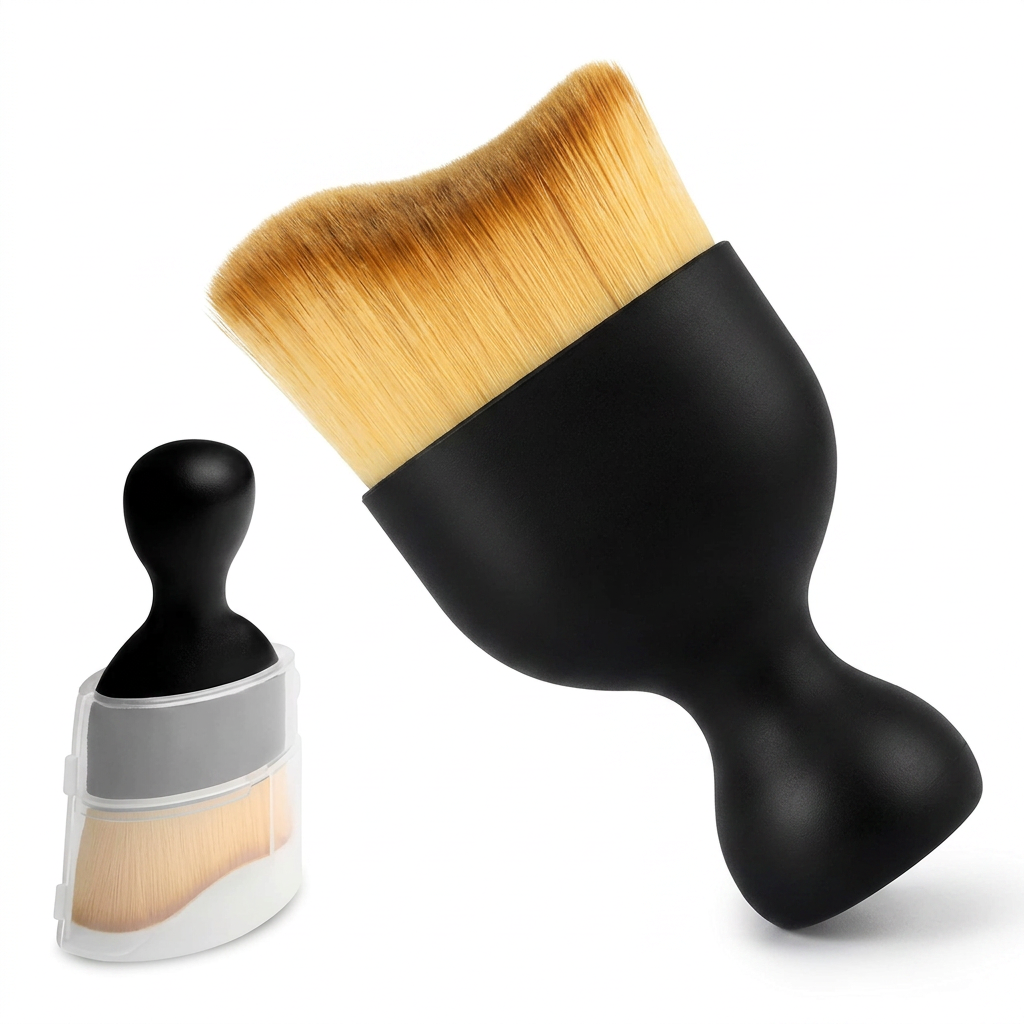 AI Design for "Ultra realistic studio product photography of the same black cleaning brush with curved golden soft bristles and mini detail brush, exact same shape, color and size, placed at 45-degree angle on premium white background, luxury product shadow, sharp focus, high contrast, professional e-commerce photography, Meesho main image style, 85% product focus, clean background, premium detailing, 4K ultra HD, Amazon and Meesho bestseller look, realistic texture, commercial product shoot."
