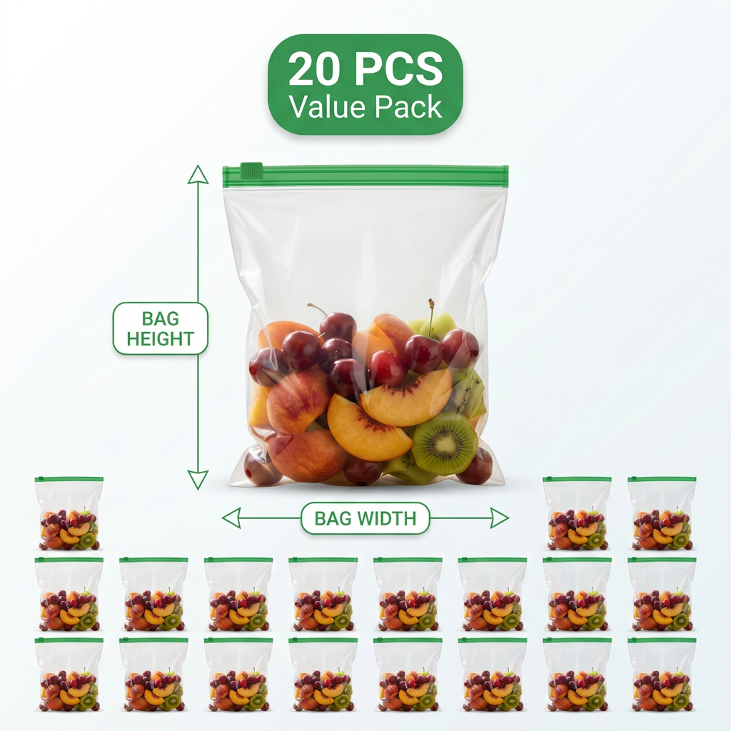 AI Design for Create a Meesho 2nd image infographic for reusable zip storage bags pack of 20, same product color and same bag size, show front hero bag in center with “20 PCS” highlight and neat dimension arrows for bag size, include small repeated bag visuals to represent full quantity, minimal clean white background, green premium accents, clear marketplace style design, realistic transparent bag texture, 4K.