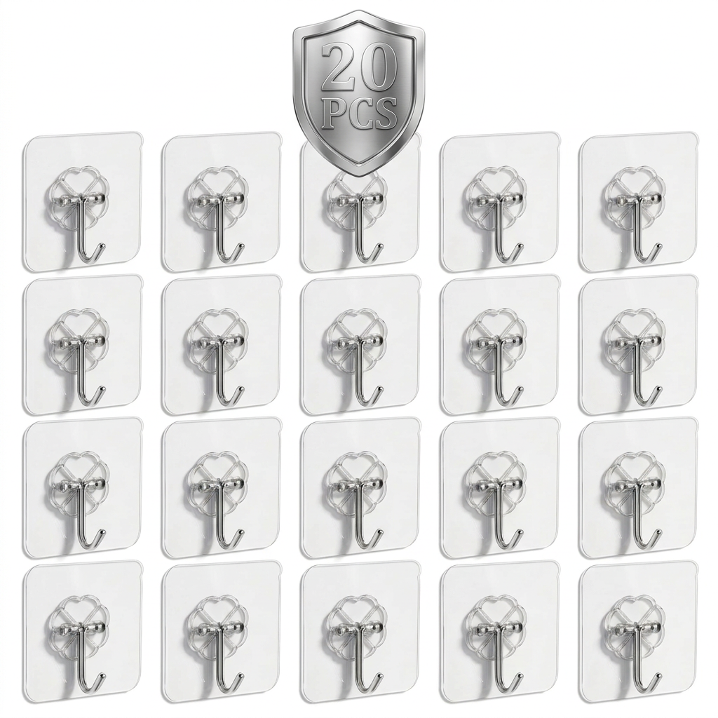 AI Design for Same transparent self-adhesive wall hook, exact product design unchanged, 20 PCS pack, arranged in 4 rows × 5 columns, perfectly symmetrical layout. Large premium metallic "20 PCS" shield badge centered at top. Pure white seamless background, all hooks front-facing and evenly spaced, crystal-clear transparent adhesive pads, chrome metal hooks with realistic reflections, soft natural shadows, professional studio lighting, ultra realistic 4K product photography, Amazon white background standards, Meesho bestseller main image, 85% product focus, clean ecommerce catalog style, high trust appearance, sharp details, photorealistic, no watermark, no logo, no extra text except "20 PCS", premium commercial advertising image.
