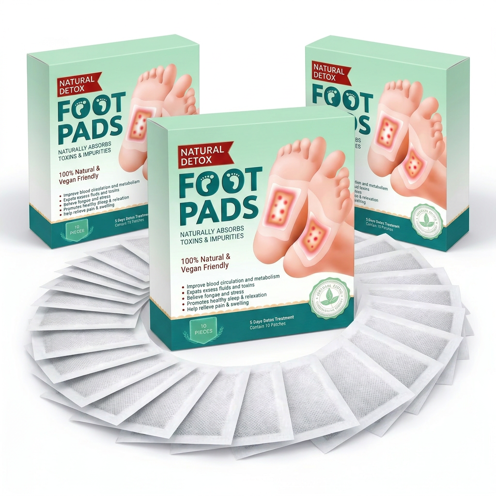 AI Design for Premium e-commerce main image featuring 3 Foot Pads boxes, center box enlarged 20% bigger than side boxes, dynamic perspective angle, product sachets displayed in fan arrangement, bright white background, luxury healthcare branding style, sharp product focus, soft shadows, realistic depth of field, clean and trustworthy appearance, customer click magnet design, high conversion marketplace image, bestseller product presentation, professional commercial photography, ultra detailed, realistic lighting, 8K resolution.