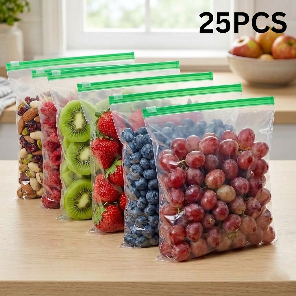 AI Design for .6 transparent food storage bags, same green zipper and dimensions as reference image, diagonal arrangement from front right to back left, filled with colorful fruits and healthy snacks, wooden countertop, bright kitchen environment, shallow depth of field, professional product photography, clean background, realistic packaging folds, large 25 PCS text, Meesho best-selling main image style, ultra HD 4K.