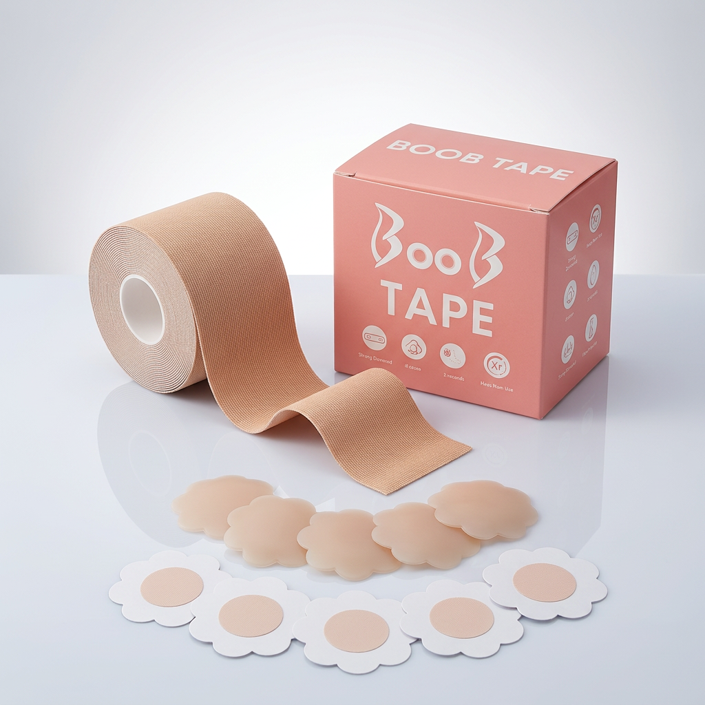 AI Design for Exact same boob tape roll, same pink box, same nipple covers, arranged like luxury skincare product display, soft white gradient background, premium lighting, subtle reflection surface, realistic packaging details, ultra HD, Meesho top-selling main image.