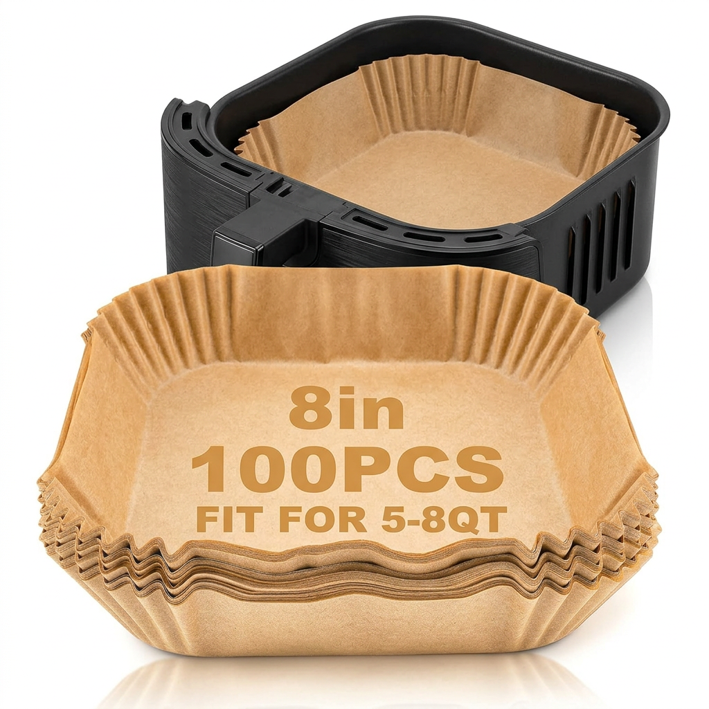 AI Design for Same square brown air fryer liners, identical size and shape. Modern black air fryer basket in background with one liner perfectly fitted inside. Stack of liners in foreground. Bright white background, simple composition, premium product photography, ultra realistic details, Meesho main image style, 4K.
