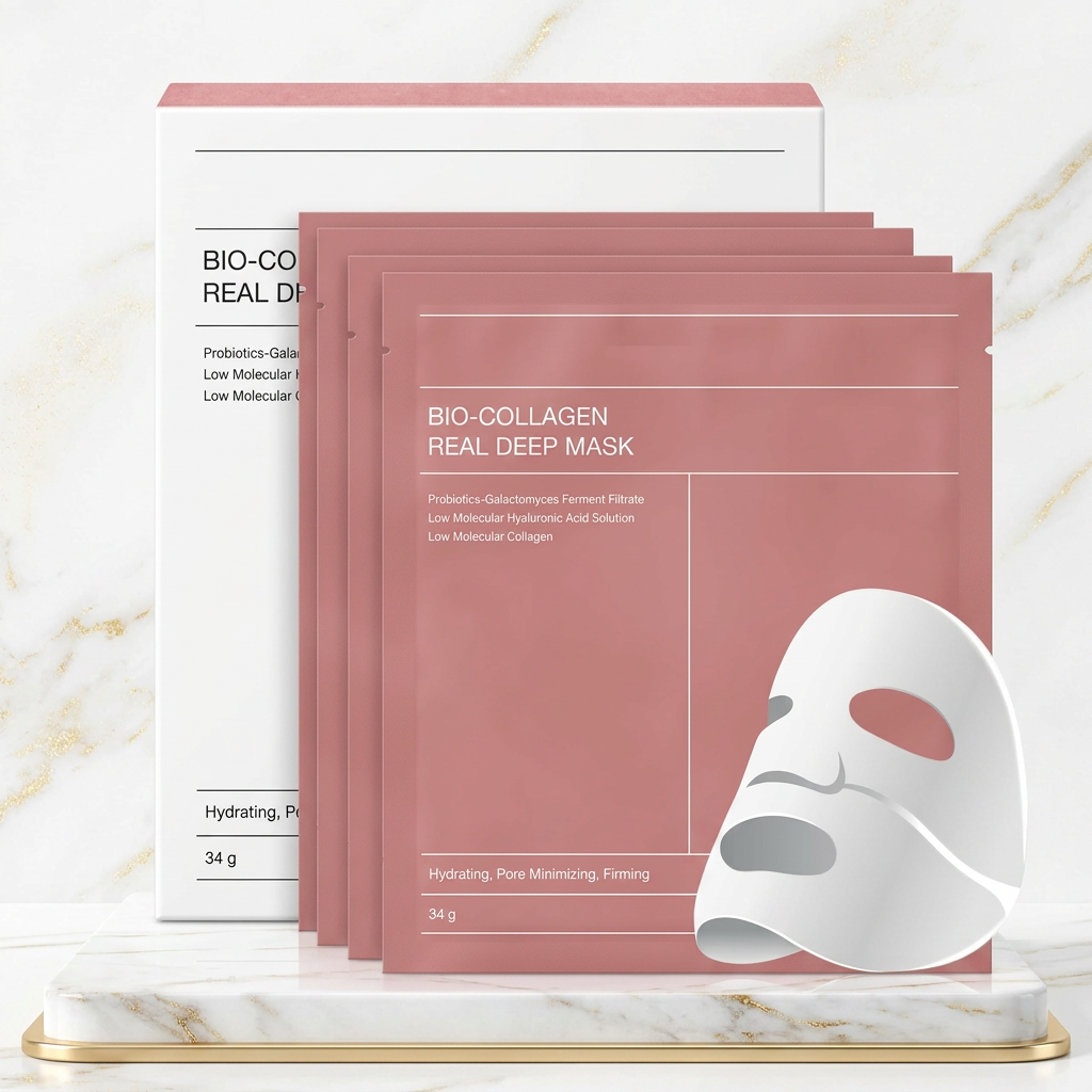 AI Design for Keep the same BIO COLLAGEN REAL DEEP MASK box and same pink packet exactly as reference image, no design changes, no logo changes, no text changes. Box standing behind packet, packet slightly angled toward camera, elegant white marble platform with subtle gold accents, luxury skincare studio lighting, premium beauty advertisement style, soft shadows, clean white and gold background, product occupying 85% frame, ultra realistic cosmetic photography, Amazon main image quality, high CTR, 4K.