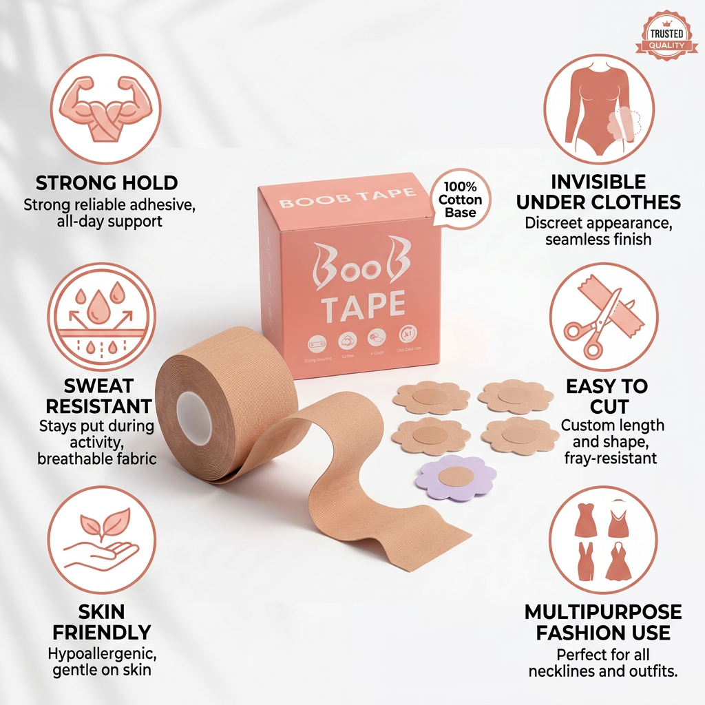 AI Design for Exact same boob tape set, center hero product. Surrounding icons highlight: Strong Hold, Sweat Resistant, Skin Friendly, Invisible Under Clothes, Easy To Cut, Multipurpose Fashion Use. Premium infographic layout, white luxury background, soft shadows, professional e-commerce design, high trust, high conversion Meesho listing image, ultra HD 4K.