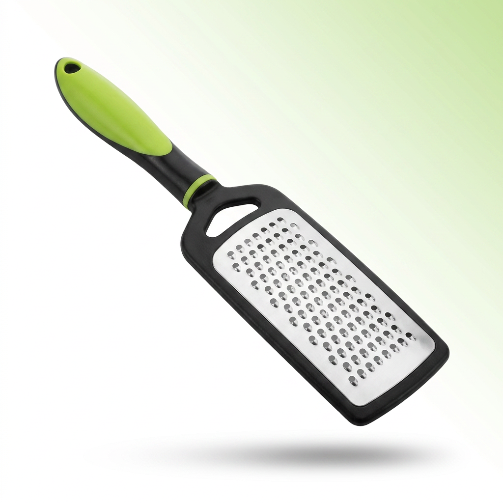 AI Design for Use the exact same grater from the reference image, same black and green handle, same stainless steel grating surface, same size and proportions. Place the grater floating diagonally at a 45-degree angle with a soft shadow underneath. Premium white background with subtle green gradient accents, studio lighting, ultra realistic product photography, sharp focus, luxury kitchen accessory look, 90% product focus, clean Meesho main image, 4K quality, high CTR, professional e-commerce catalog style.