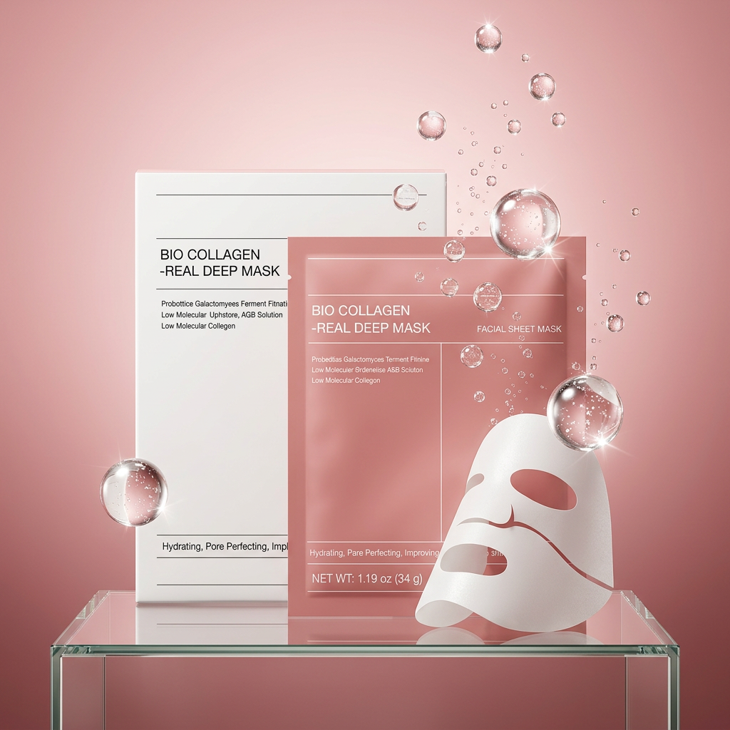 AI Design for Same original box and packet design, packet in front of box, displayed on transparent glass pedestal, floating collagen essence droplets around product, soft pink gradient background, luxury skincare commercial photography, premium reflections, product occupies 85% frame, ultra realistic, ecommerce bestseller style, high CTR Meesho listing image, 4K.