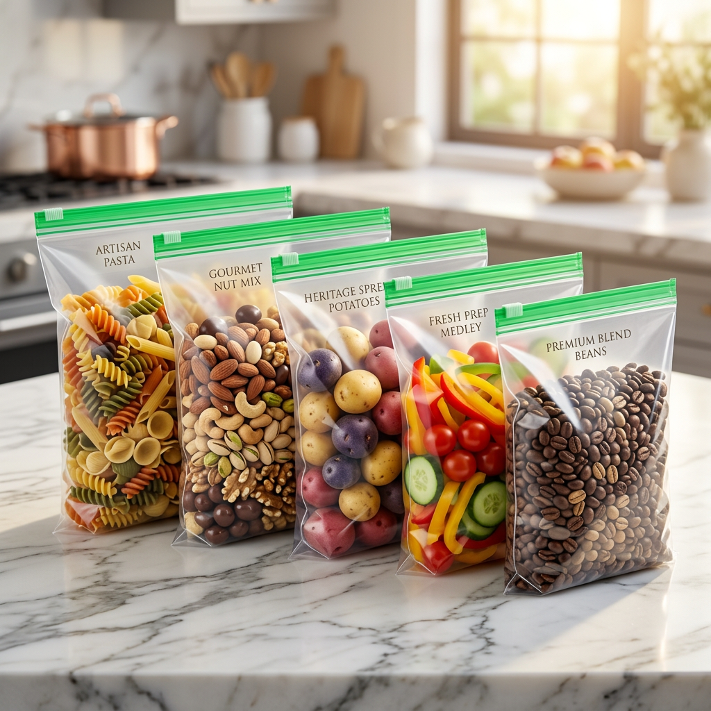 AI Design for Ultra realistic product photography, 5 identical transparent storage bags, same size, same green zipper, filled with different colorful foods, luxury white marble countertop, modern kitchen blur, sunlight glow, premium lifestyle aesthetic, 4K, high CTR Meesho main image.