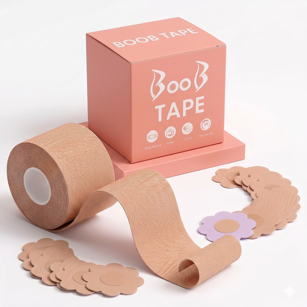 AI Design for Exact same boob tape box and roll, tape roll positioned diagonally, box slightly elevated behind, nipple covers displayed in elegant fan arrangement, luxury beauty accessory photography, clean white background, realistic product texture, premium e-commerce hero shot, 4K.