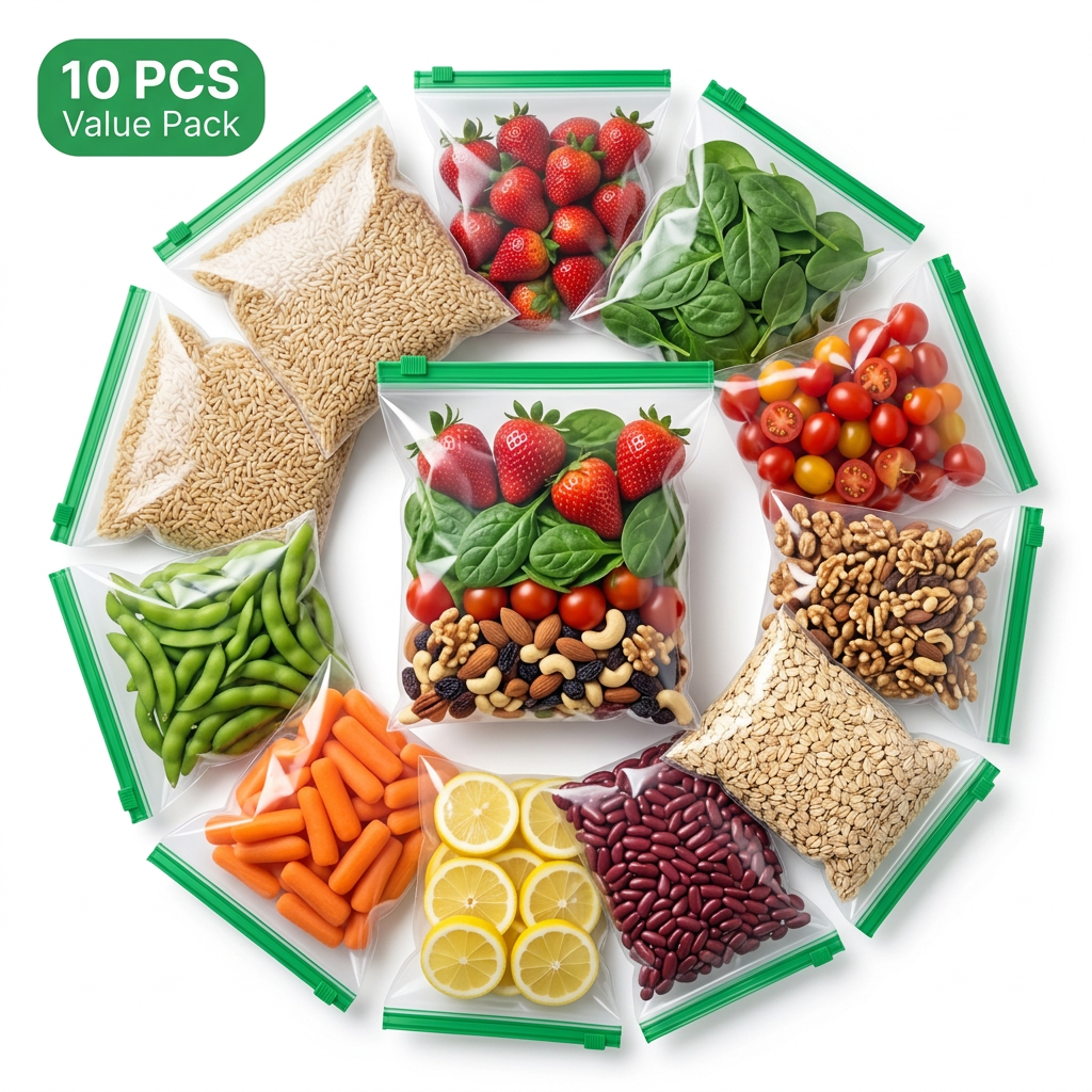 AI Design for Ultra realistic commercial photography showing identical reusable storage bags arranged in a perfect circular layout around one center hero bag. Each bag contains different colorful food ingredients. Pure white background, soft premium shadows, crystal-clear plastic, vivid colors, luxury lighting, bold green "10 PCS VALUE PACK" badge, premium Meesho hero image, high conversion composition.
