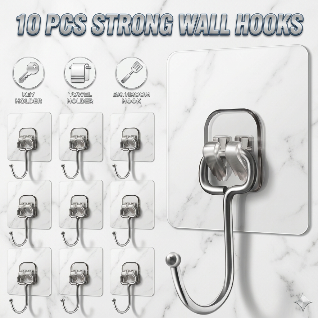 AI Design for Same silver hook and transparent adhesive plate. Large close-up hook on right side. Left side display 9 hooks in grid layout. Add bold premium text: "10 PCS Strong Wall Hooks" and small icons for Key Holder, Towel Holder, Kitchen Hook, Bathroom Hook. Bright white background, realistic shadows, premium product photography, high-converting ecommerce design, Meesho trending listing image.