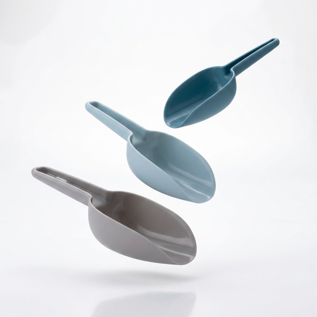 AI Design for Exact same 3 scoops, same colors and dimensions, floating in air with dynamic spacing between each scoop, soft shadows underneath, white luxury background, modern commercial photography, highly attractive Meesho main image, ultra HD.