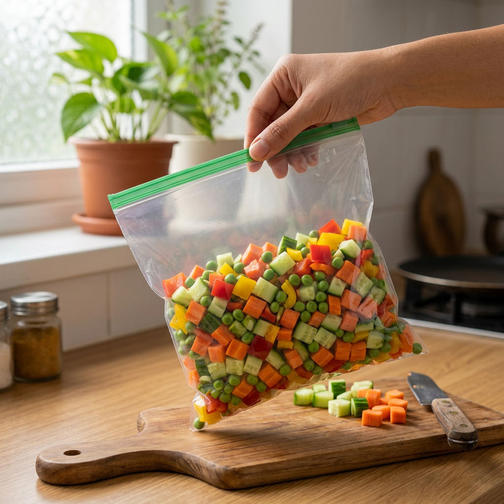 AI Design for Ultra realistic kitchen lifestyle product photo of the exact same transparent zip lock storage bag with green zipper strip, same size, same proportions, same material thickness, filled with fresh mixed vegetables, one hand holding the bag from top zipper at a slight 35–45 degree angle, bag facing camera clearly, natural folds visible, realistic transparency, premium clean kitchen counter background, chopped cucumber and carrot on wooden board, soft daylight from window, background slightly blurred, customer ko real lage, authentic Indian home kitchen feel, product in sharp focus, no text, no collage, no extra bag design changes, same colour same size must be preserved, Meesho hero image style, high CTR, 4k.