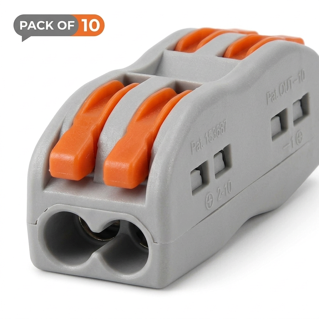 AI Design for Generate a realistic Meesho main image of the same grey-orange lever wire connector, close-up macro hero angle from front-right perspective, showing fine plastic texture, lever slots, entry holes, side detailing and body curves, connector occupying most of frame for a bold thumbnail look, pure white background, soft realistic shadow, glossy orange levers, Pack of 10 badge top-left, minimal clean layout, premium product photography, ultra detailed and highly clickable for ecommerce.