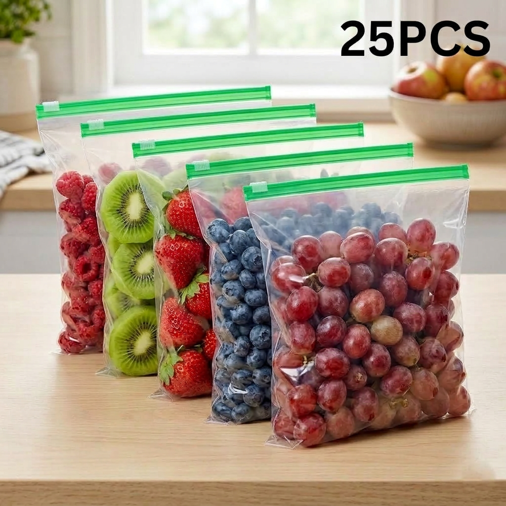 AI Design for Ultra realistic product photography, 5 transparent reusable zip lock storage bags, same clear plastic material with green slider zipper, same size and shape as reference product, arranged in elegant diagonal line on light wooden table, each bag filled with different fresh foods (grapes, strawberries, kiwi slices, blueberries, raspberries), front bag largest and closest to camera, slight angle variation between bags, bright natural kitchen background, soft daylight from window, premium ecommerce photography, high sharpness, realistic reflections, clean composition, white and beige aesthetic background, large bold black text "25 PCS" in top right corner, Meesho main image style, 4K ultra HD.