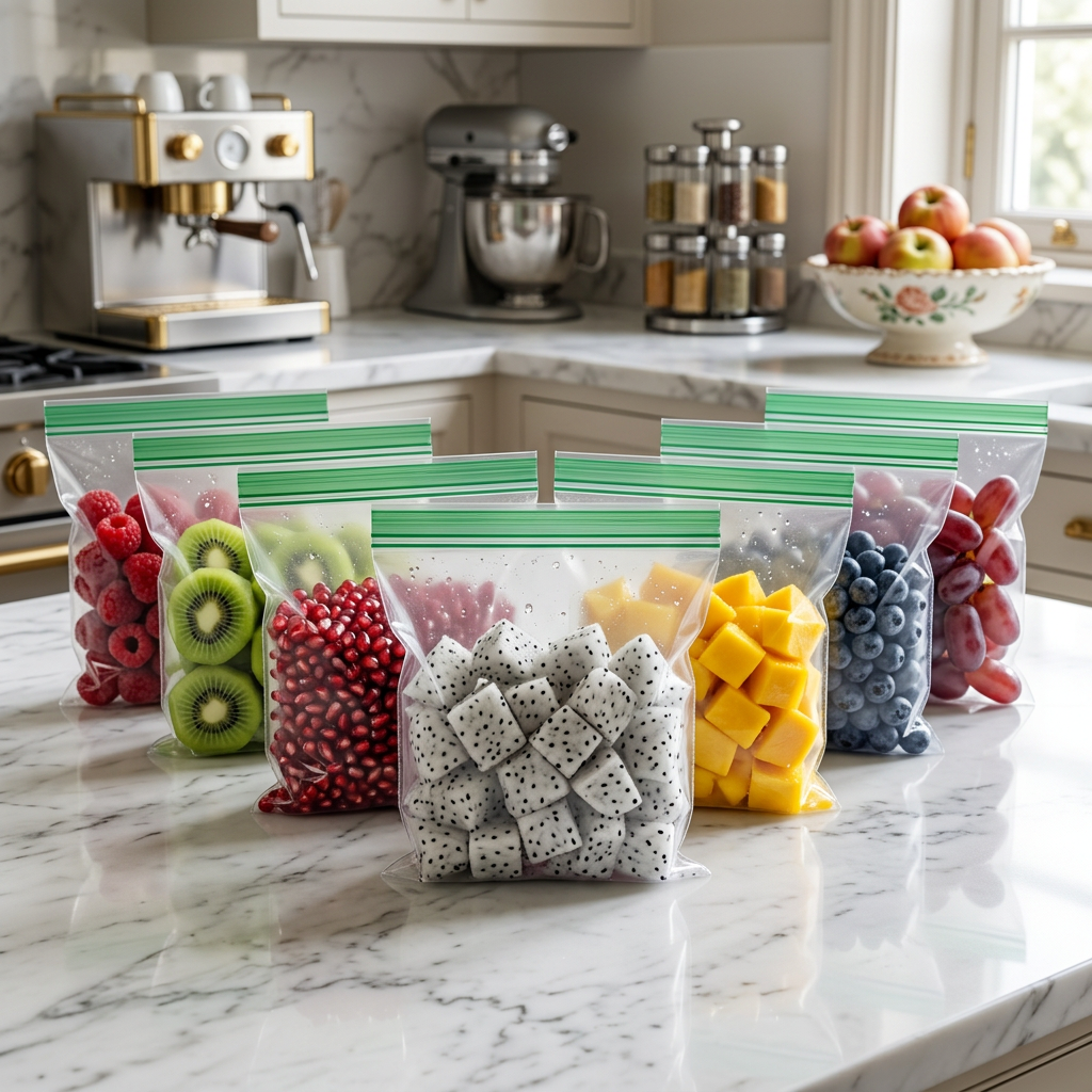 AI Design for 7 identical storage bags, same size and green zipper, arranged in elegant V-shape formation, different foods inside, center bag closest to camera, white marble countertop, luxury home kitchen background, realistic reflections, ultra detailed.