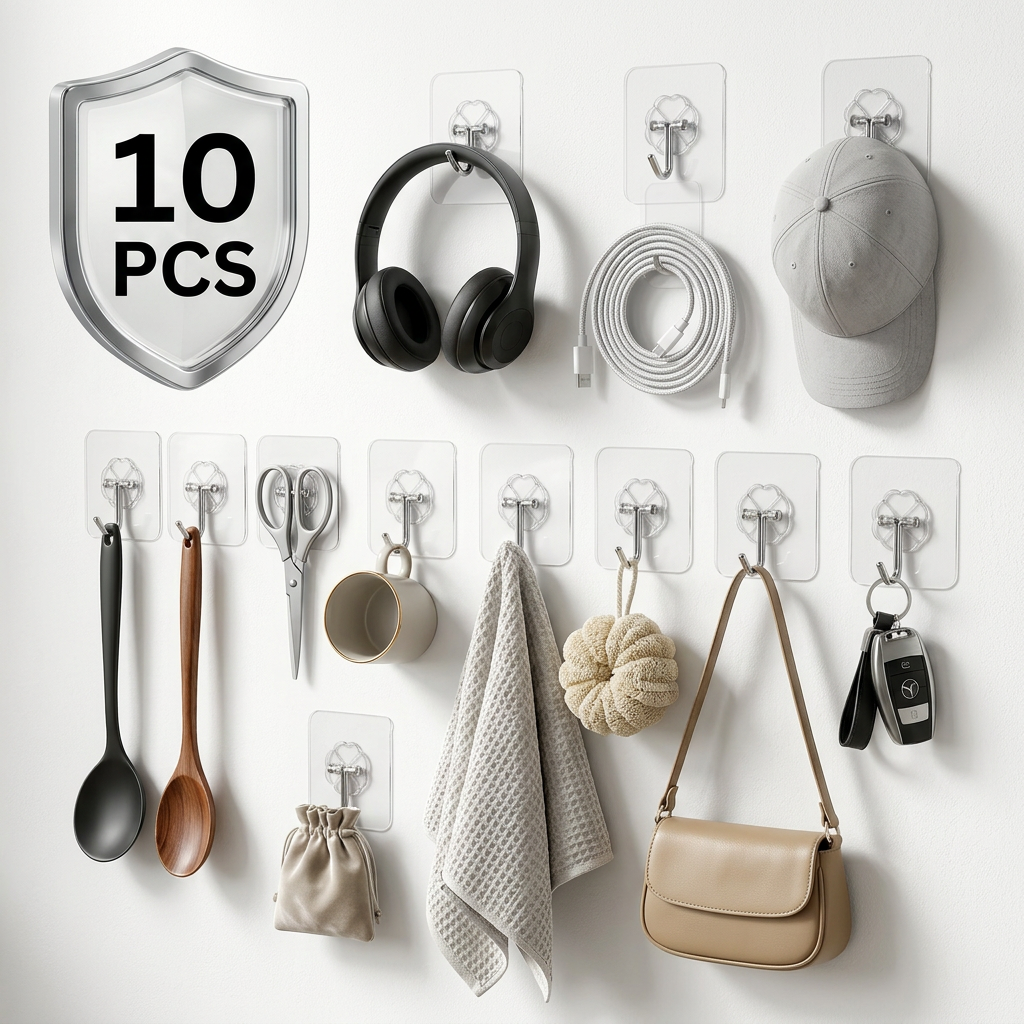 AI Design for Same transparent flower-shaped adhesive wall hooks, exact same product design, mounted on a luxury white wall, showing multipurpose usage in one premium scene. Different hooks holding car keys, kitchen spoon, coffee mug, bath towel, loofah, headphones, charging cable, scissors, cap, handbag and jewelry pouch. Large metallic "10 PCS" shield badge on left side. Modern home interior, organized lifestyle concept, ultra realistic 4K product photography, premium ecommerce advertising, realistic transparent adhesive pads, chrome hook reflections, soft natural shadows, bright studio lighting, high trust factor, Amazon A+ content style, Meesho bestseller image, clean white background, professional commercial photography, product clearly visible, no watermark, no extra text, high CTR design.