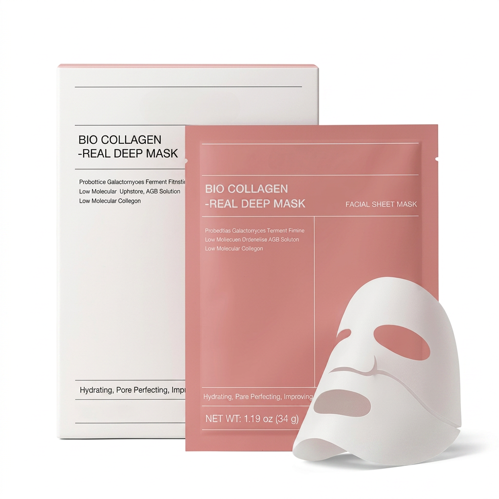 AI Design for Same original box and packet design, packet placed in front with slight angle toward camera, box standing behind, clean pure white background, ultra realistic skincare product photography, luxury Korean beauty advertisement quality, crisp packaging details, premium shadow, professional ecommerce hero image, Amazon best seller style, 4K HD.