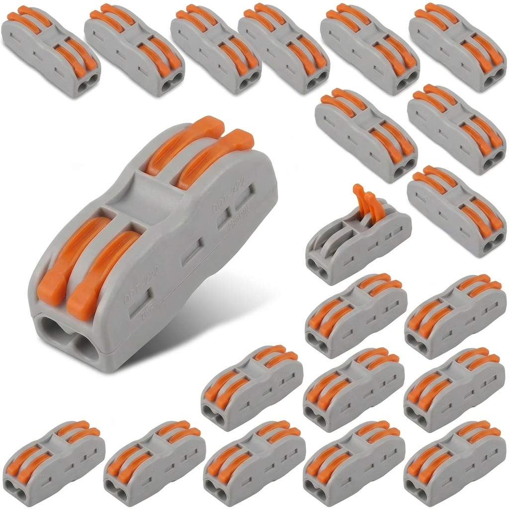 AI Design for Create a realistic Meesho hero image of the same Pack of 20 quick wire connectors, show one main connector placed in left-corner tilted pose, slightly facing center, with the rest of connectors arranged on the right side, clean white background, premium shadow, ecommerce product style.