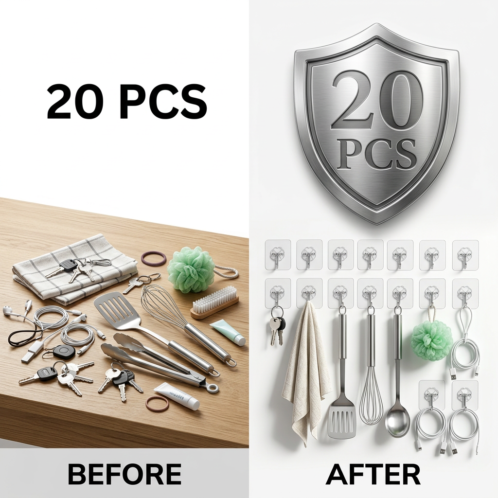 AI Design for Same transparent adhesive hooks, exact product unchanged. Before side: cluttered tabletop filled with keys, towel, kitchen utensils, cables, loofah, brush and accessories scattered randomly. After side: organized wall with same items hanging neatly on transparent hooks. Large silver 20 PCS shield badge, bright white background, luxury studio lighting, realistic transparent material, soft shadows, premium ecommerce photography, ultra detailed 8K, Amazon & Meesho high CTR listing image, clean professional presentation, no watermark.
