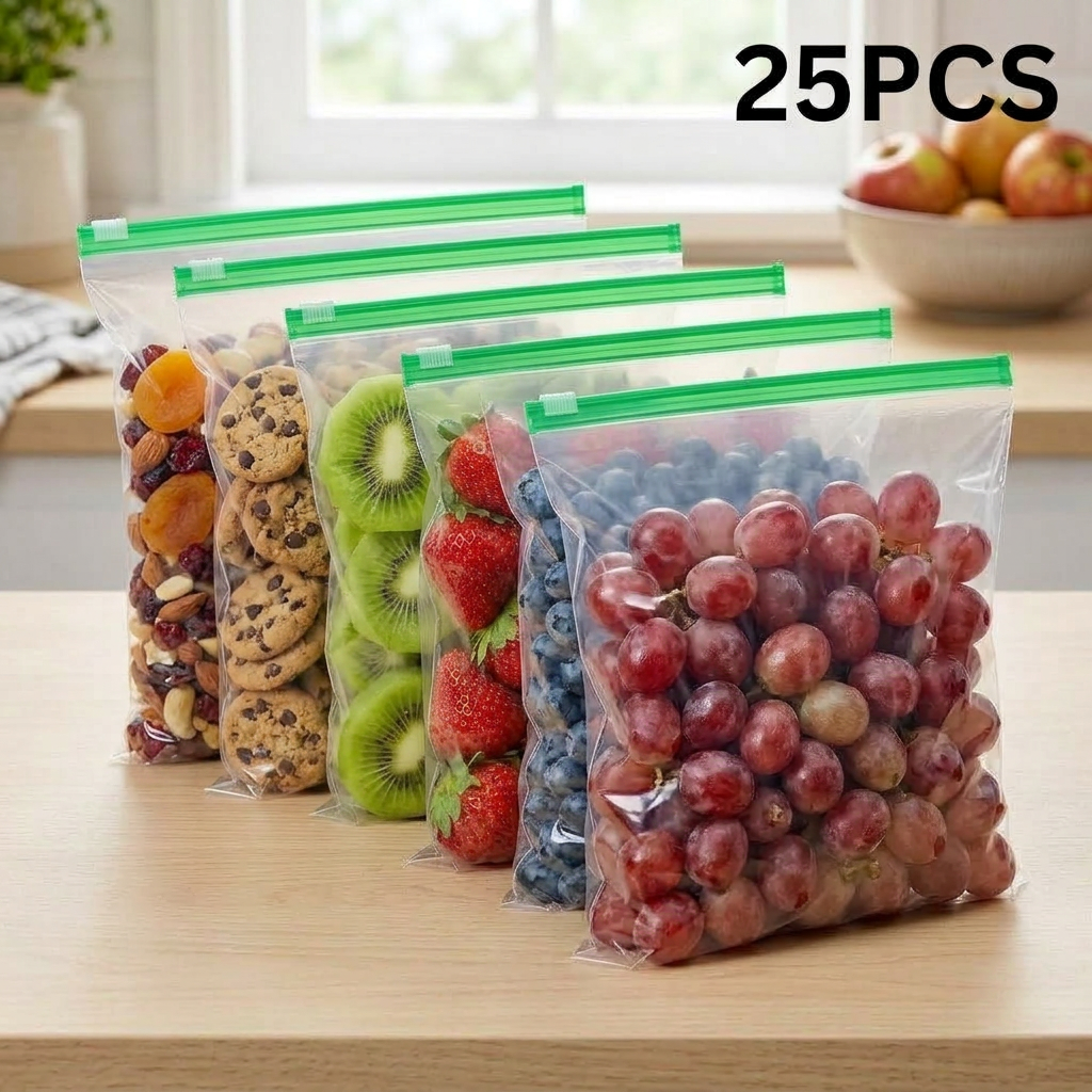 AI Design for 6 transparent zip bags with identical green zipper color and size, standing in staircase arrangement from small depth perspective, filled with fruits and snacks: grapes, blueberries, strawberries, kiwi, cookies, mixed dry fruits, bright clean kitchen background, realistic shadows, premium food storage concept, professional product photography, "25 PCS" text top right, ultra detailed, Meesho bestseller style.