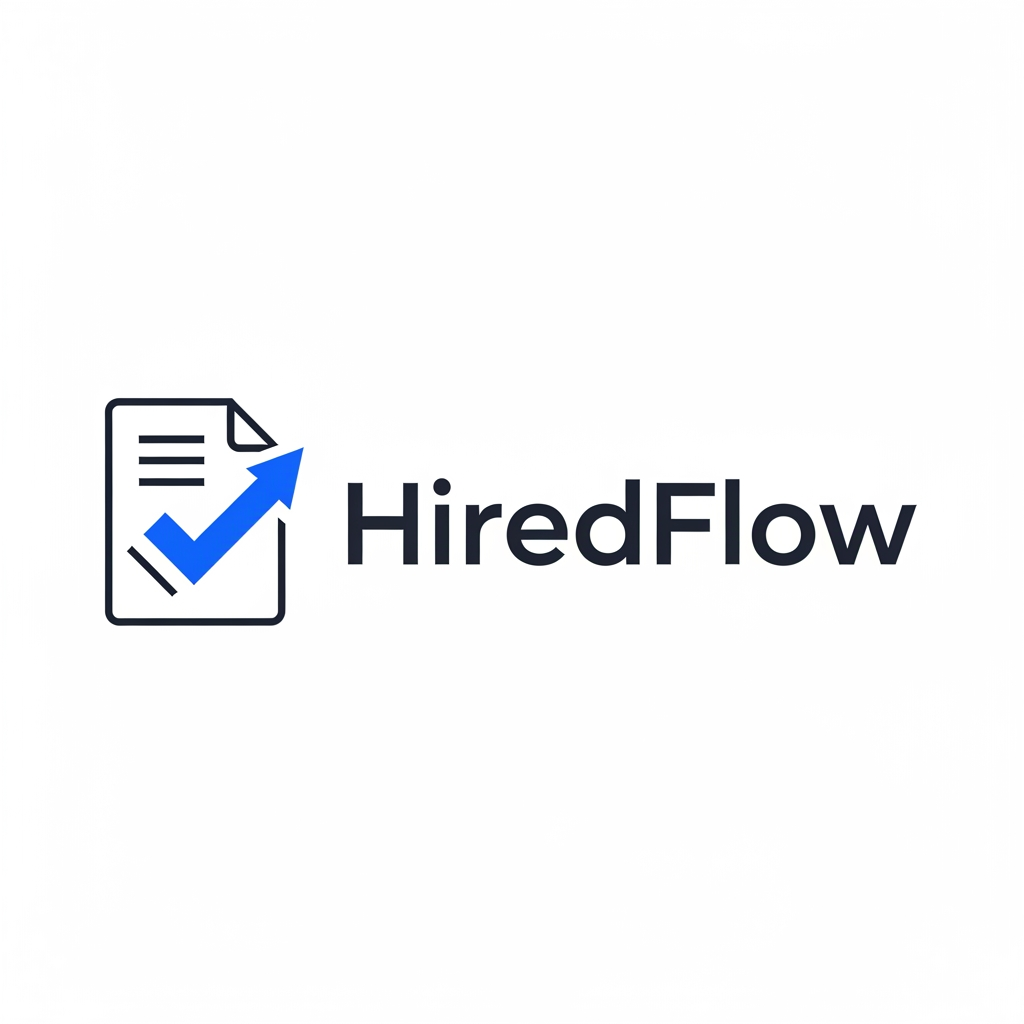AI Design for Minimalist modern logo for "HiredFlow," an AI-powered career and resume-building SaaS platform. Combine a subtle upward-flowing arrow or checkmark motif with a abstract document/resume shape, suggesting career progression and momentum. Clean geometric sans-serif wordmark "HiredFlow" in deep charcoal/near-black (#1a1a1a), paired with a simple icon mark that works standalone as an app/favicon. Style: flat vector, tech-forward, professional, trustworthy — similar visual register to Linear, Notion, or Vercel logos. No gradients, no 3D effects, no clipart. Single accent color allowed (deep navy or electric blue) against white/transparent background. Must be legible at small sizes (32x32 favicon) and scale cleanly to app icon and full lockup versions.